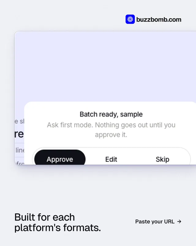 Instagram portrait post for BuzzBomb: "Built for each platform's formats." Swiss style, image led layout, light palette in white, grey.