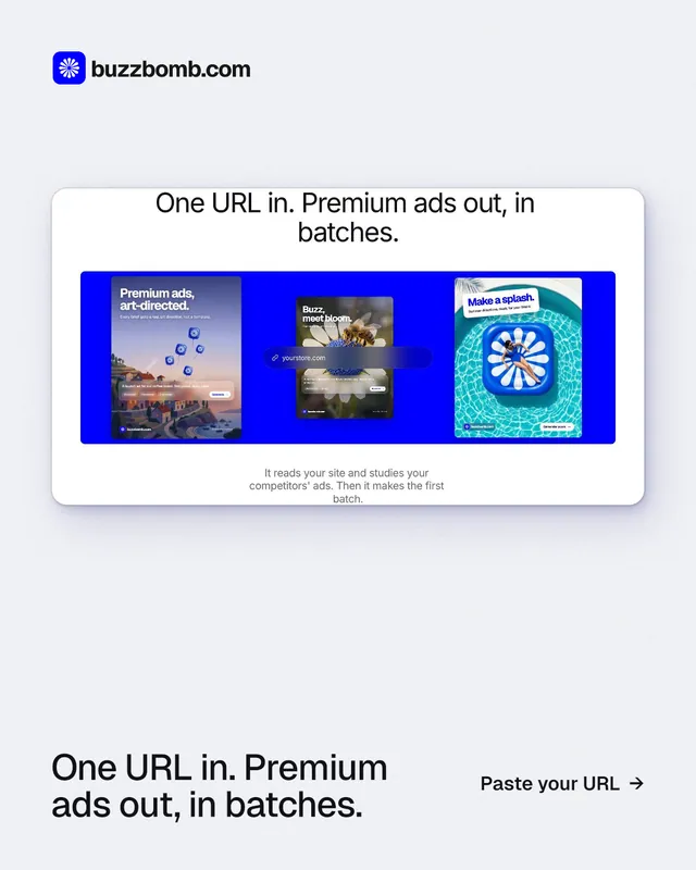 Instagram portrait post for BuzzBomb: "One URL in. Premium ads out, in batches." Swiss style, image led layout, light palette in white, blue.