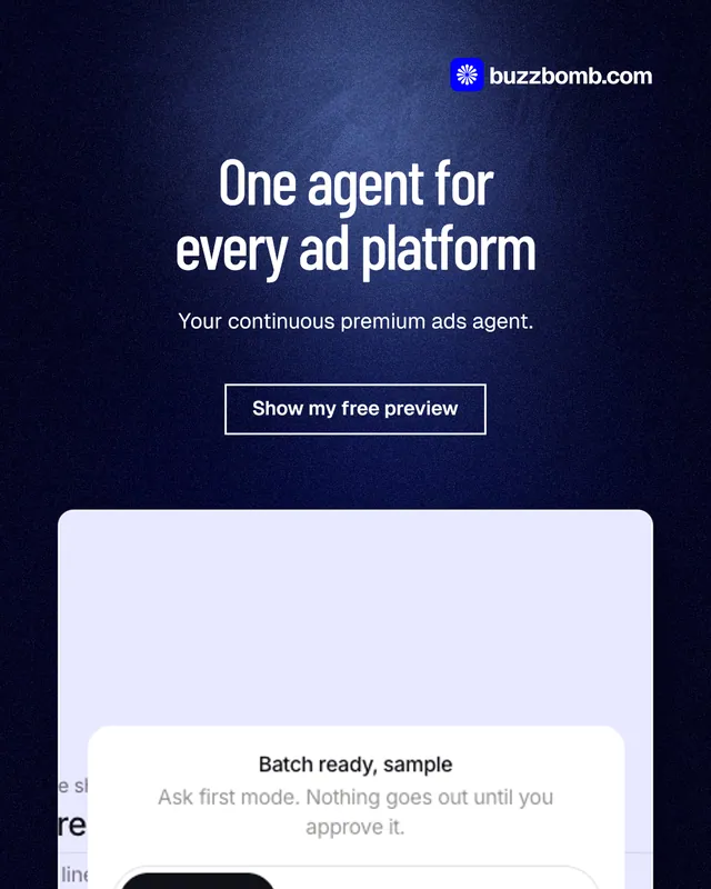 Instagram portrait post for BuzzBomb: "One agent for every ad platform". Dark deco style, centred layout, dark palette in black, white, blue.
