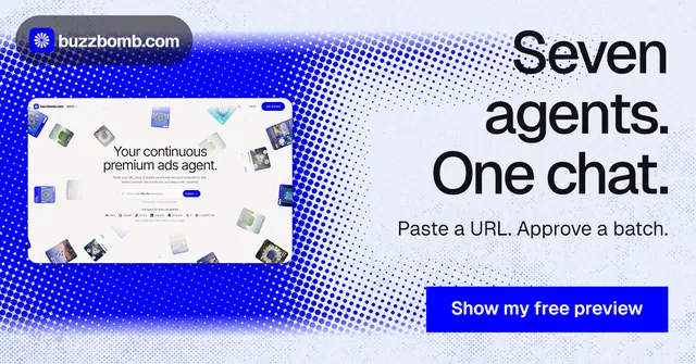 Social ad for BuzzBomb: "Seven agents. One chat." Swiss style, right layout, light palette in blue, white.