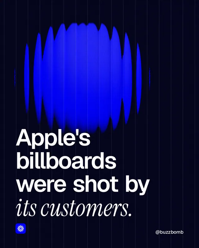Instagram portrait post for BuzzBomb: "Apple's billboards were shot by its customers." Auto 4x5 style, technique:shader field layout, dark palette in black, blue.