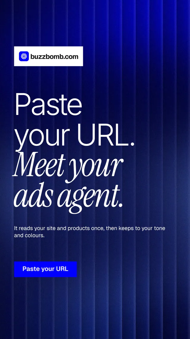 Instagram story for BuzzBomb: "Paste your URL. Meet your ads agent." Swiss style, announce layout, dark palette in blue.