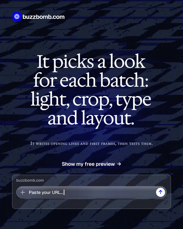 Instagram portrait post for BuzzBomb: "It picks a look for each batch: light, crop, type and layout." Phosphor atlas style, smallcaps layout, dark palette in blue, black, grey.