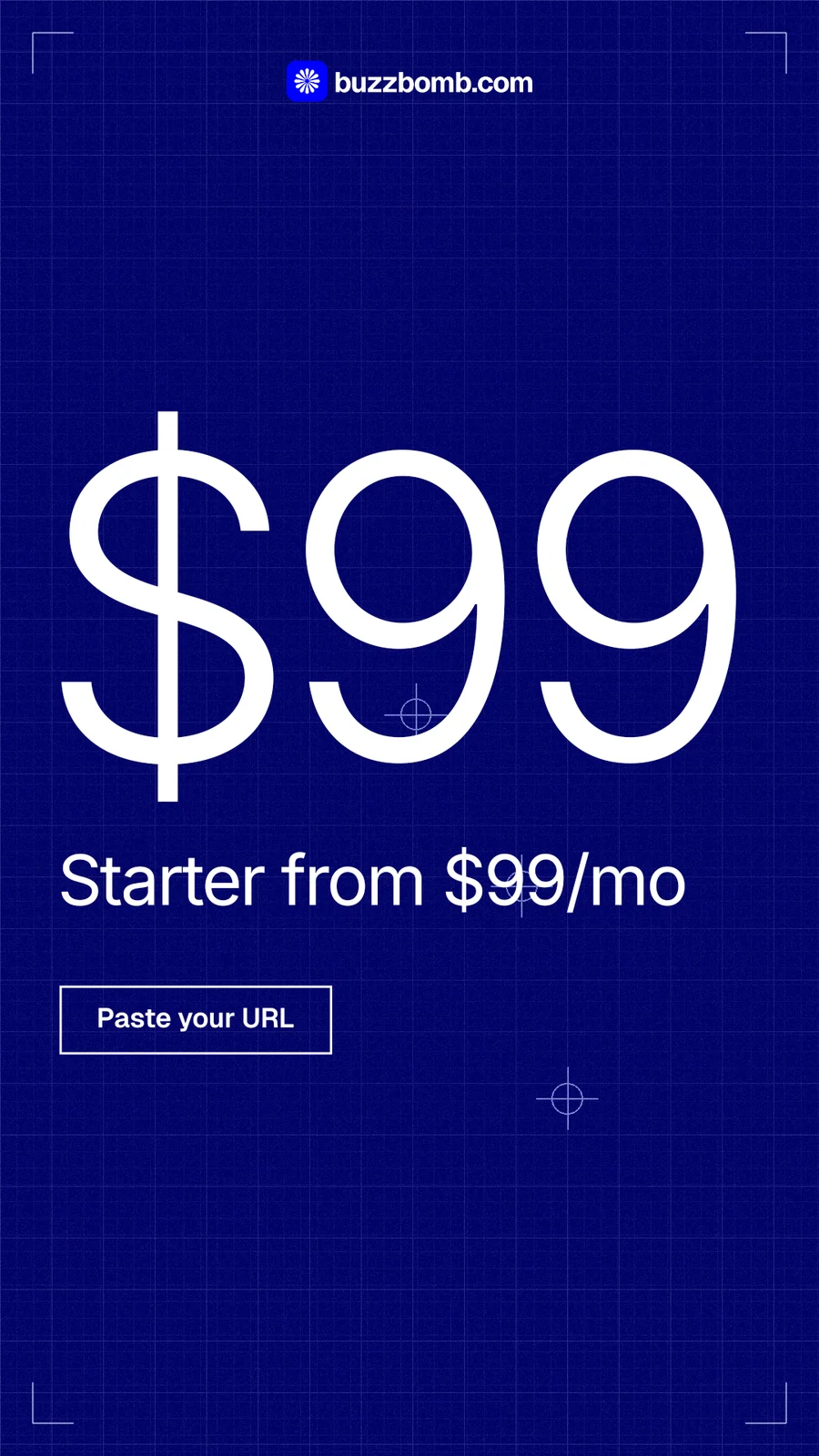 Instagram story for BuzzBomb: "Watch buzzbomb.com run its own ads." Blueprint style, stat layout, dark palette in blue.