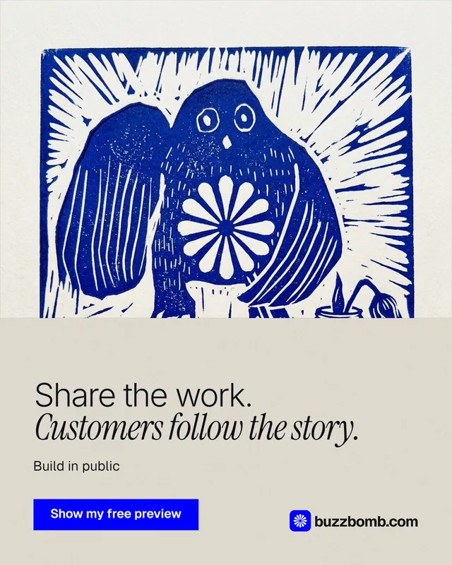 Instagram portrait post for BuzzBomb: "Share the work. Customers follow the story." Swiss style, bottom layout, light palette in yellow, blue, white.
