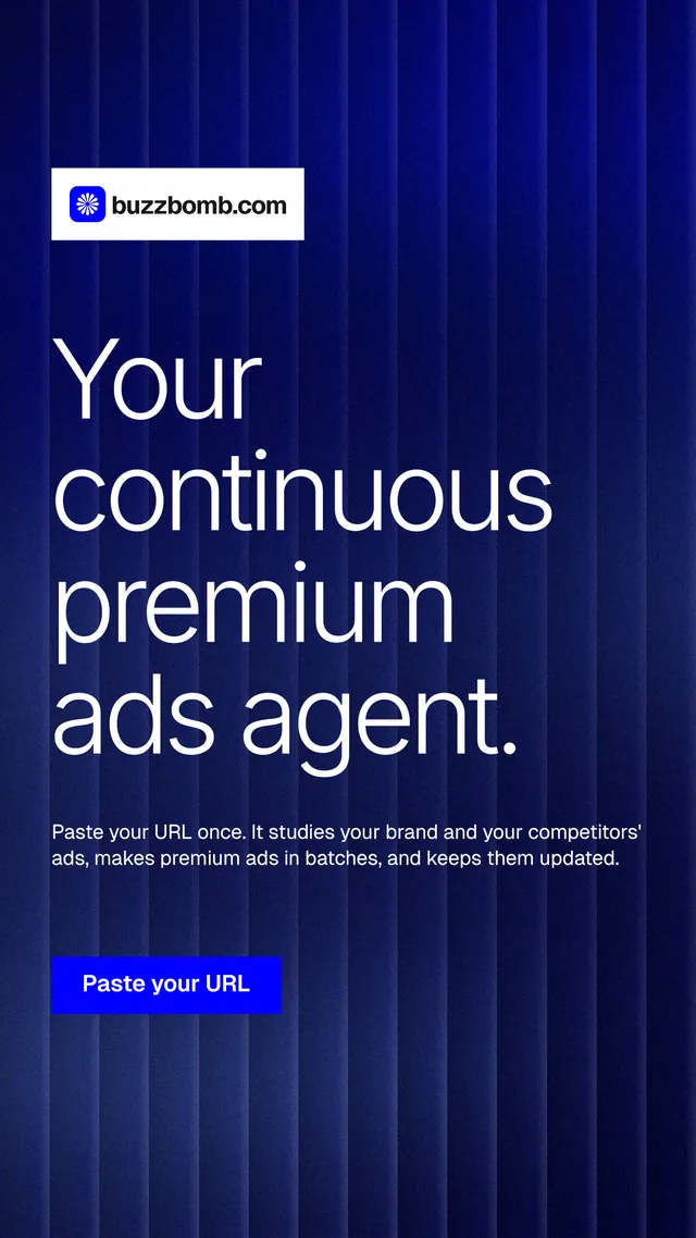 Instagram story for BuzzBomb: "Your continuous premium ads agent." Swiss style, announce layout, dark palette in blue, grey.
