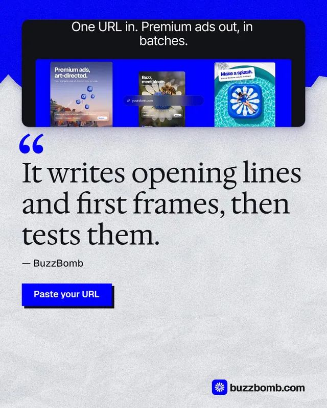 Instagram portrait post for BuzzBomb: "It writes opening lines and first frames, then tests them." Paper trio style, quote layout, light palette in blue, white, grey.