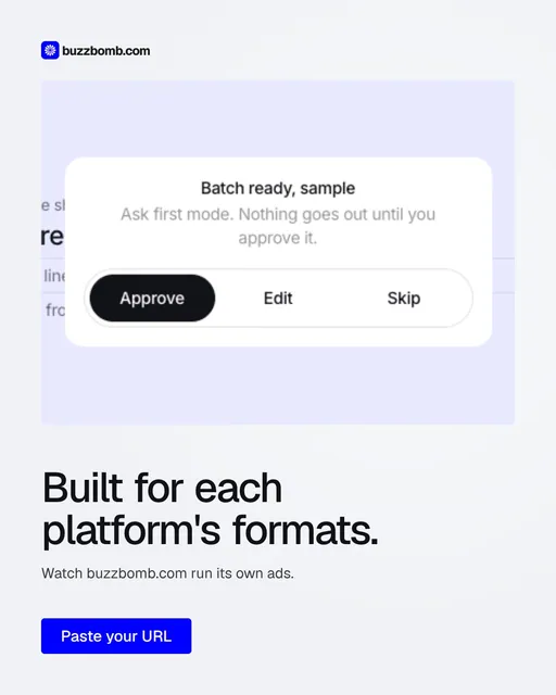Video for BuzzBomb: "Built for each platform's formats.". Doc motion loop, 8.0 s, light palette.