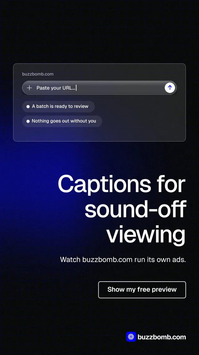 Instagram story for BuzzBomb: "Captions for sound-off viewing". Phosphor atlas style, right layout, dark palette in black, blue, grey.