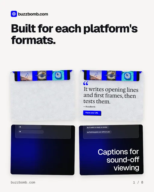 Carousel for BuzzBomb: "Built for each platform's formats.". Collection carousel, 8 slides, light palette.