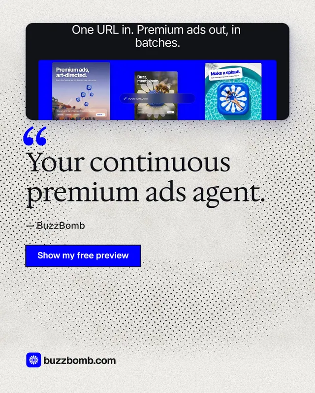 Instagram portrait post for BuzzBomb: "Your continuous premium ads agent." Ink sticker style, quote layout, light palette in white, blue, grey.