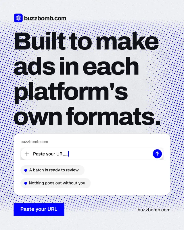 Instagram portrait post for BuzzBomb: "Built to make ads in each platform's own formats." Swiss style, poster layout, light palette in blue, white, grey.