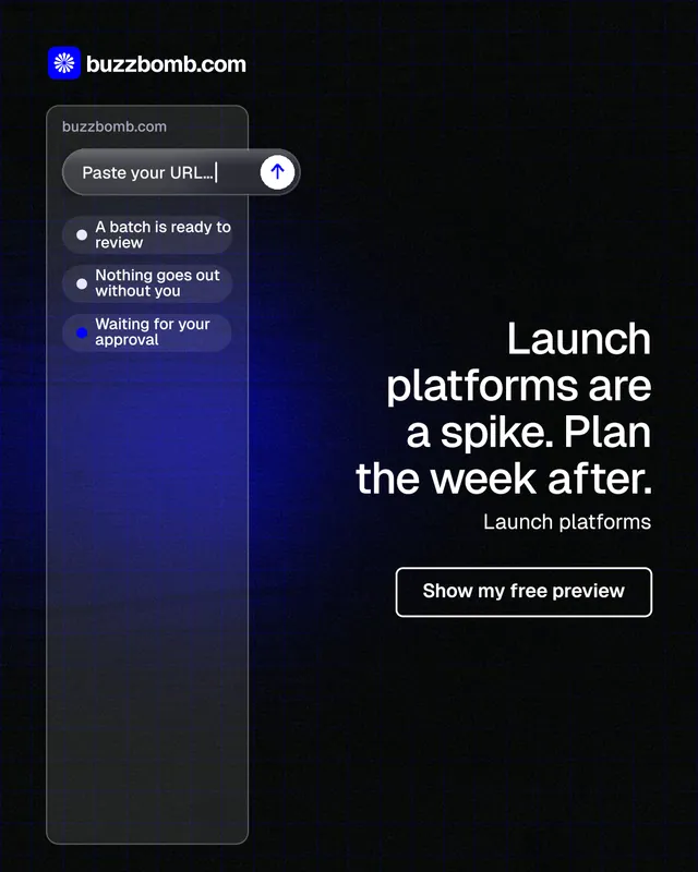 Instagram portrait post for BuzzBomb: "Launch platforms are a spike. Plan the week after." Phosphor atlas style, right layout, dark palette in black, blue.