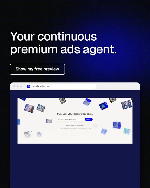 Instagram portrait post for BuzzBomb: "Your continuous premium ads agent." Phosphor atlas style, browser layout, dark palette in blue, black, white.