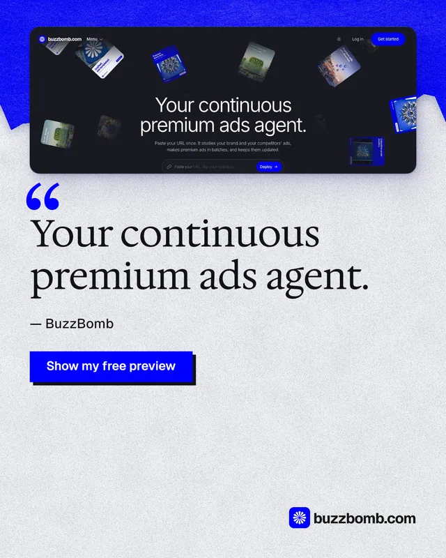 Instagram portrait post for BuzzBomb: "Your continuous premium ads agent." Paper trio style, quote layout, light palette in white, blue, grey.
