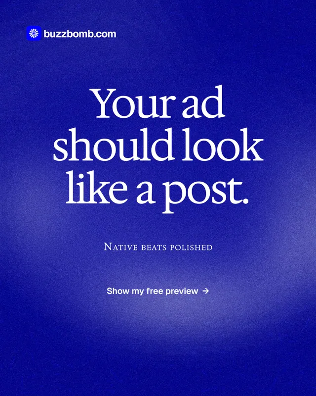 Instagram portrait post for BuzzBomb: "Your ad should look like a post." Cyanotype style, smallcaps layout, dark palette in blue.