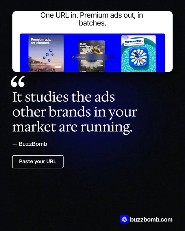 Instagram portrait post for BuzzBomb: "It studies the ads other brands in your market are running." Phosphor atlas style, quote layout, dark palette in black, blue.