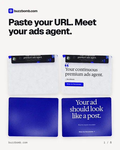 Carousel for BuzzBomb: "Paste your URL. Meet your ads agent.". Collection carousel, 8 slides, light palette.