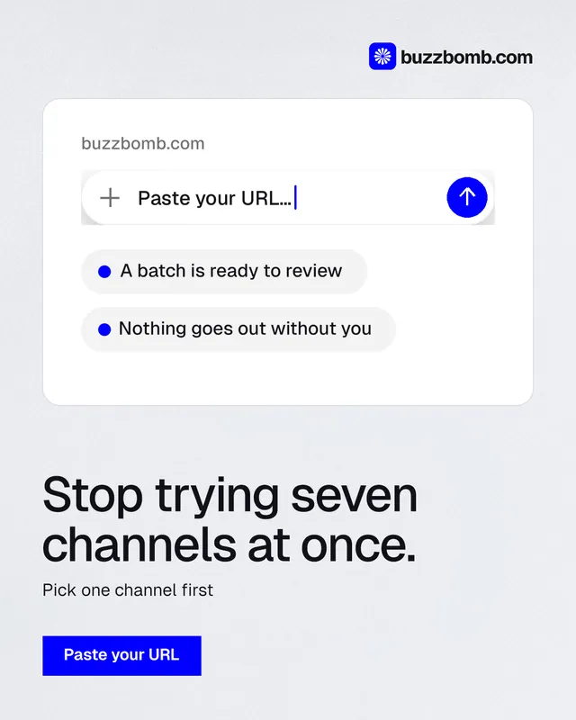 Instagram portrait post for BuzzBomb: "Stop trying seven channels at once." Swiss style, bottom layout, light palette in white, blue.
