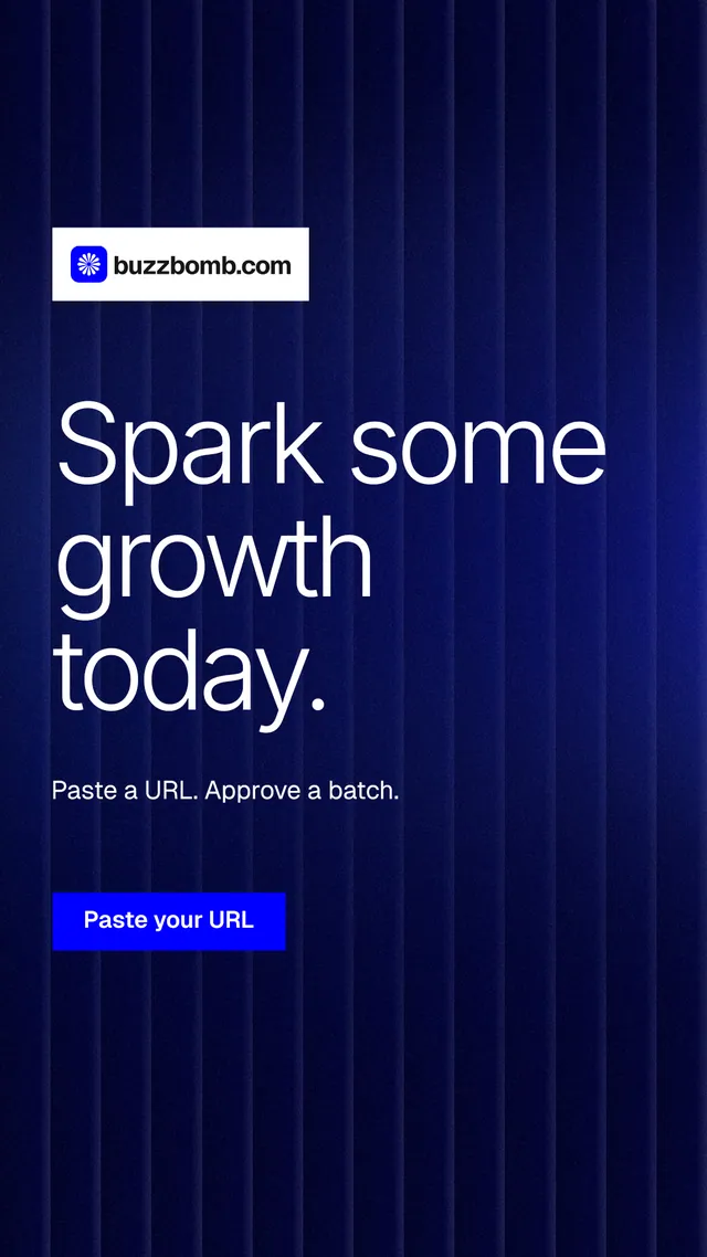 Instagram story for BuzzBomb: "Spark some growth today." Swiss style, announce layout, dark palette in black, blue.