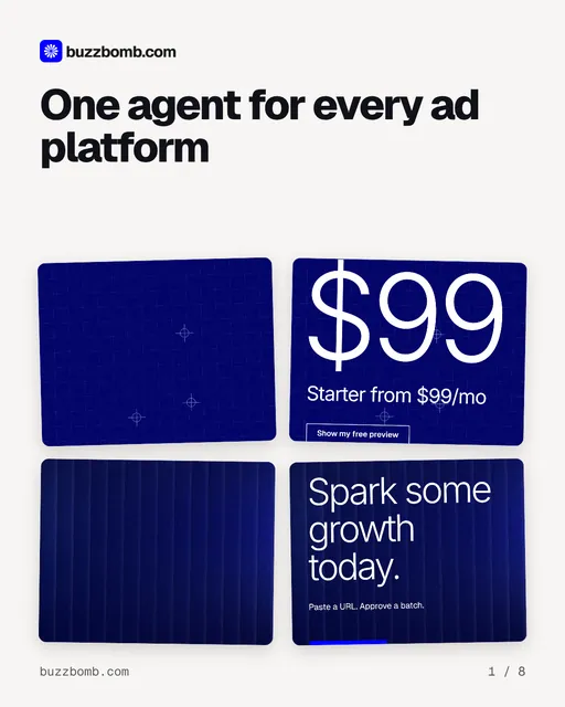 Carousel for BuzzBomb: "One agent for every ad platform". Collection carousel, 8 slides, light palette.