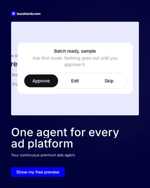 Video for BuzzBomb: "One agent for every ad platform". Doc motion loop, 7.0 s, dark palette.
