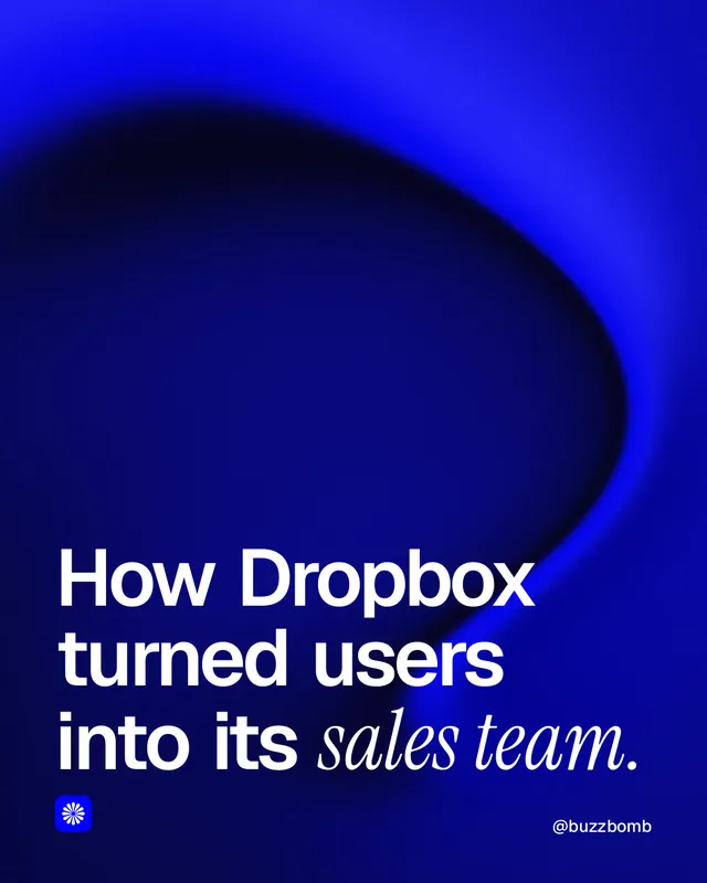 Instagram portrait post for BuzzBomb: "How Dropbox turned users into its sales team." Auto 4x5 style, technique:shader field layout, dark palette in blue.