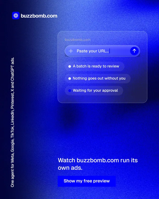 Instagram portrait post for BuzzBomb: "One agent for Meta, Google, TikTok, LinkedIn, Pinterest, X and ChatGPT ads." Swiss style, vertical layout, dark palette in blue.