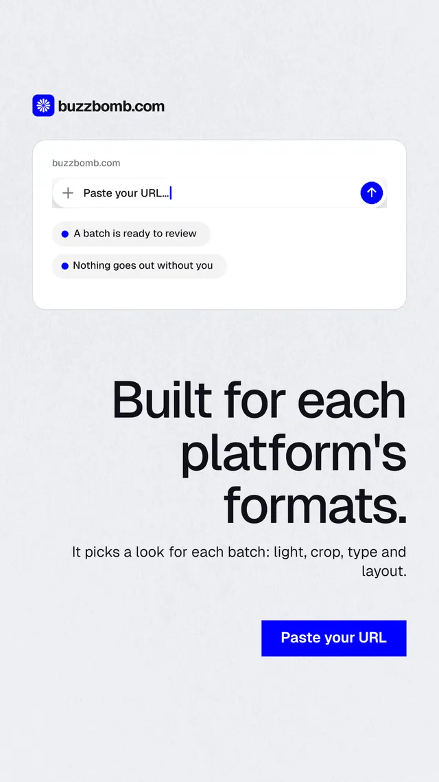 Instagram story for BuzzBomb: "Built for each platform's formats." Swiss style, right layout, light palette in white, blue.