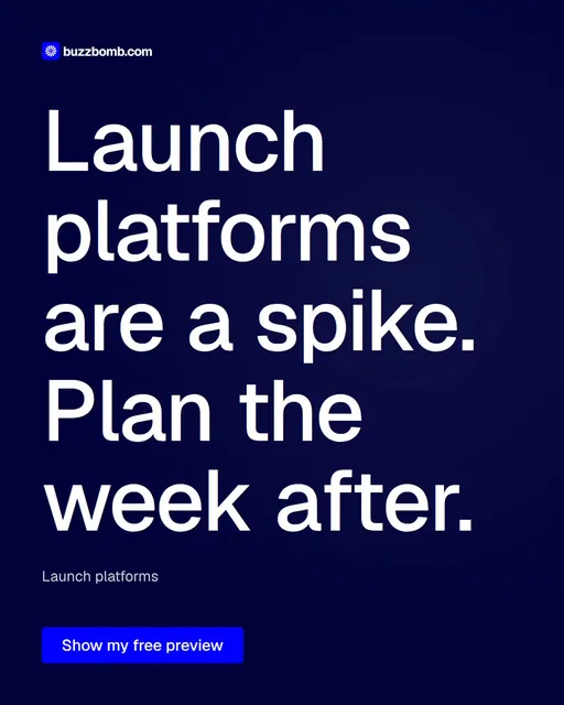 Video for BuzzBomb: "Launch platforms are a spike. Plan the week after.". Doc motion loop, 8.0 s, dark palette.