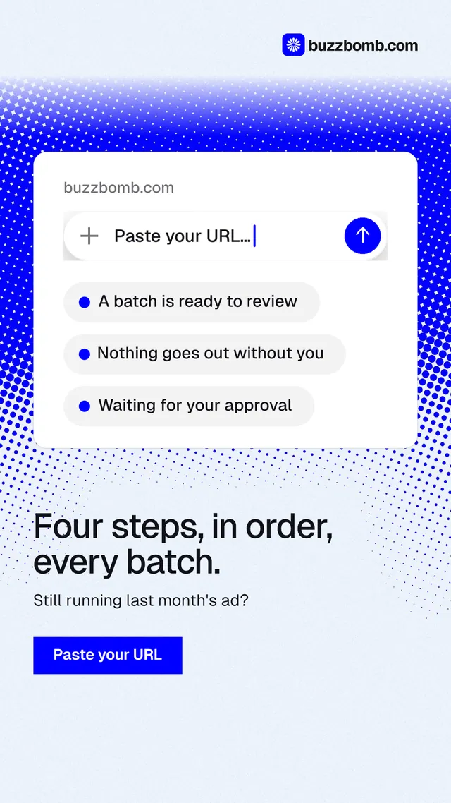 Instagram story for BuzzBomb: "Four steps, in order, every batch." Swiss style, bottom layout, light palette in white, blue.