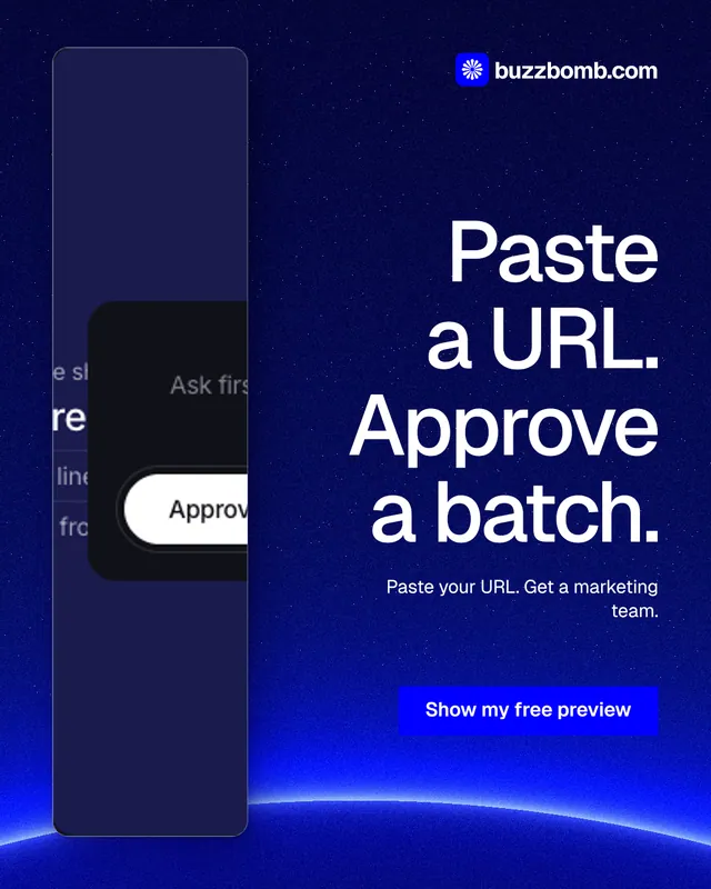 Instagram portrait post for BuzzBomb: "Paste a URL. Approve a batch." Swiss style, right layout, dark palette in blue.