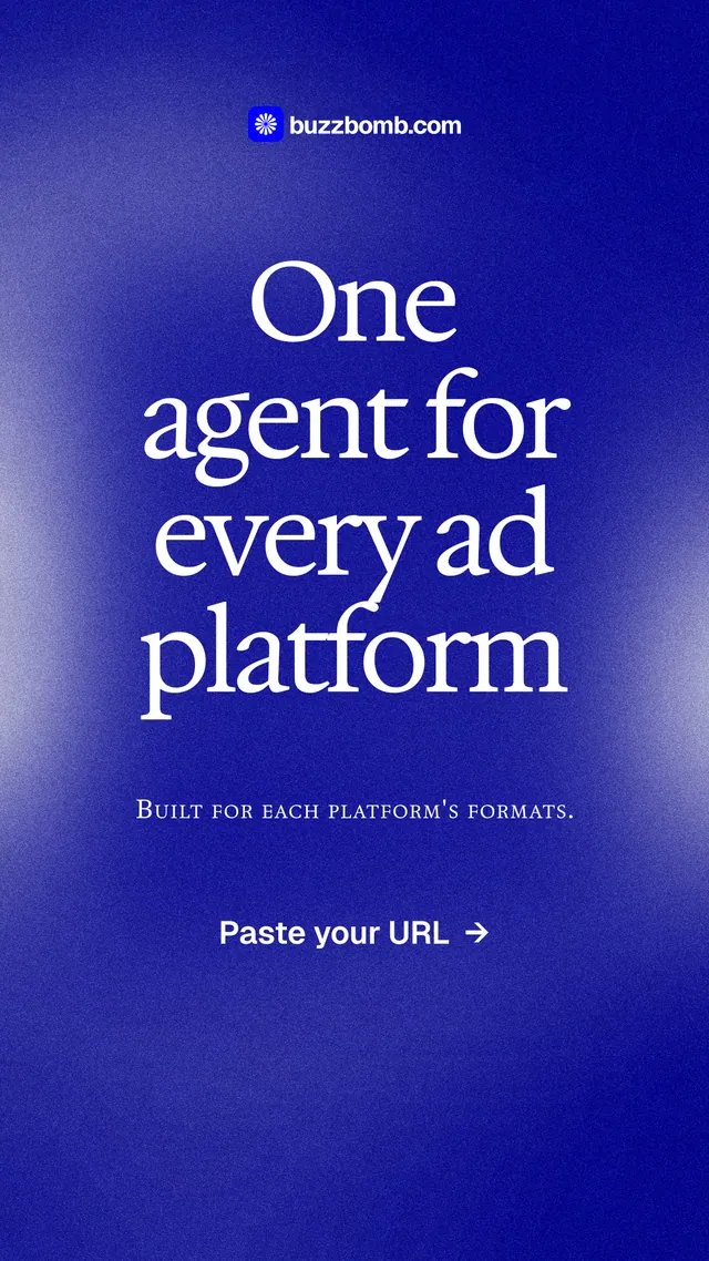 Instagram story for BuzzBomb: "One agent for every ad platform". Cyanotype style, smallcaps layout, dark palette in blue.