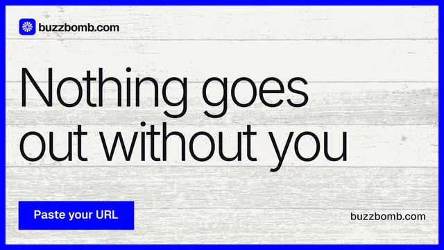 Landscape graphic for BuzzBomb: "Nothing goes out without you". Swiss style, poster layout, light palette in white, blue.
