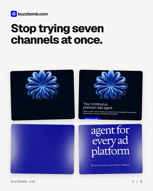 Carousel for BuzzBomb: "Stop trying seven channels at once.". Collection carousel, 8 slides, light palette.