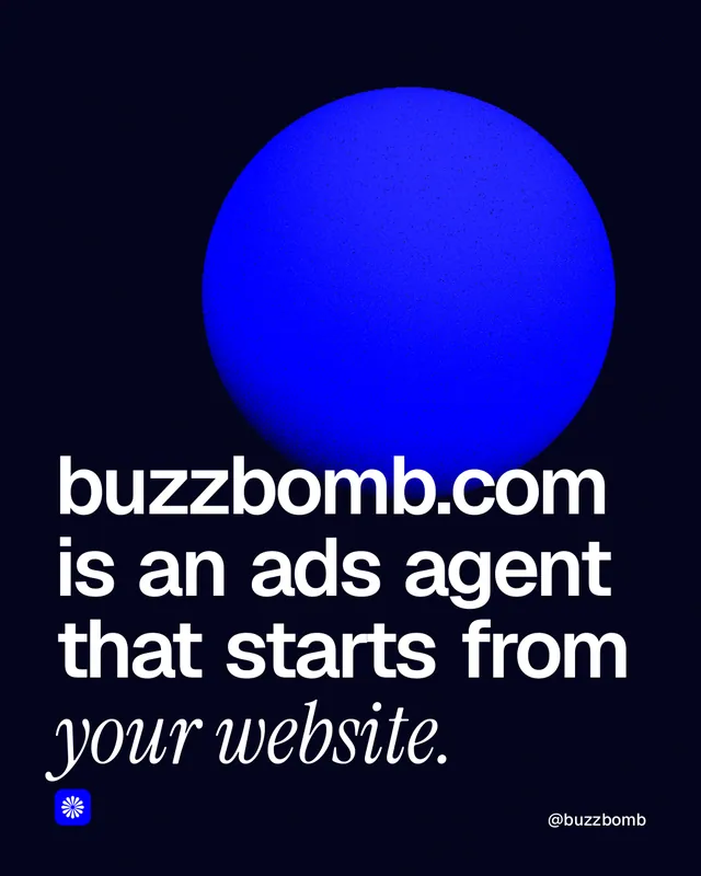 Instagram portrait post for BuzzBomb: "buzzbomb.com is an ads agent that starts from your website." Auto 4x5 style, technique:shader field layout, dark palette in black, blue.