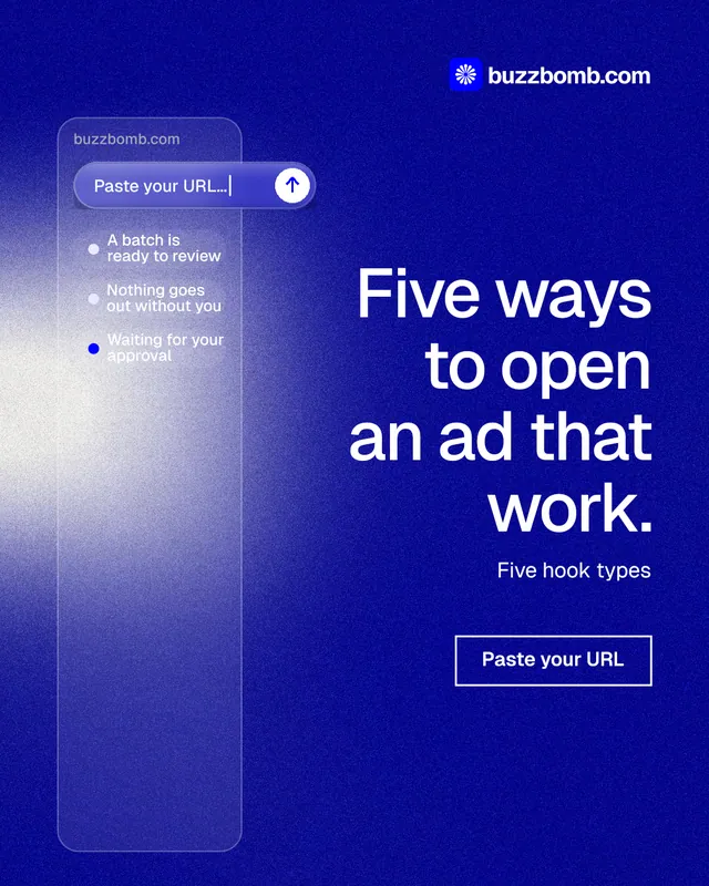 Instagram portrait post for BuzzBomb: "Five ways to open an ad that work." Cyanotype style, right layout, dark palette in blue.