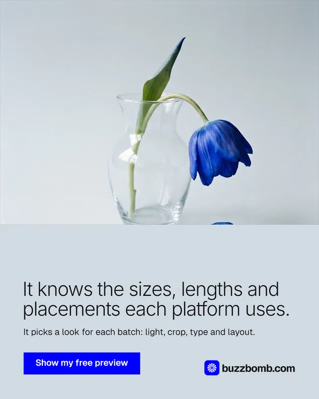 Instagram portrait post for BuzzBomb: "It knows the sizes, lengths and placements each platform uses." Swiss style, bottom layout, light palette in white, blue.