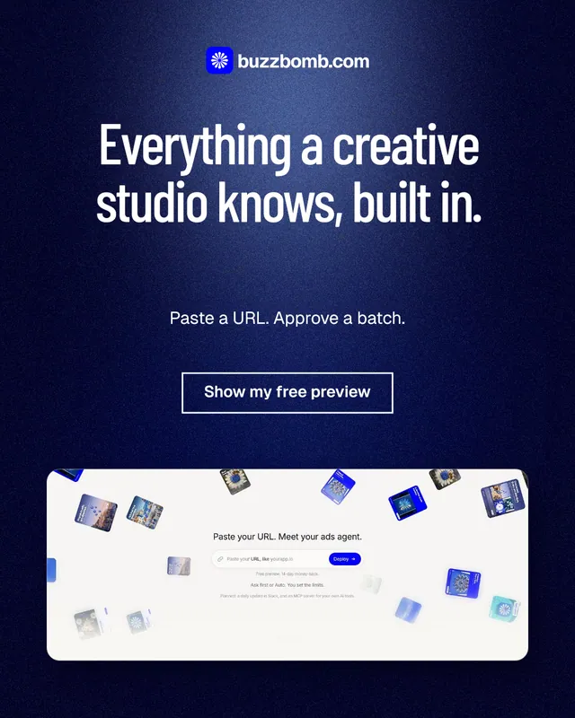 Instagram portrait post for BuzzBomb: "Everything a creative studio knows, built in." Dark deco style, centred layout, dark palette in black, white, blue.
