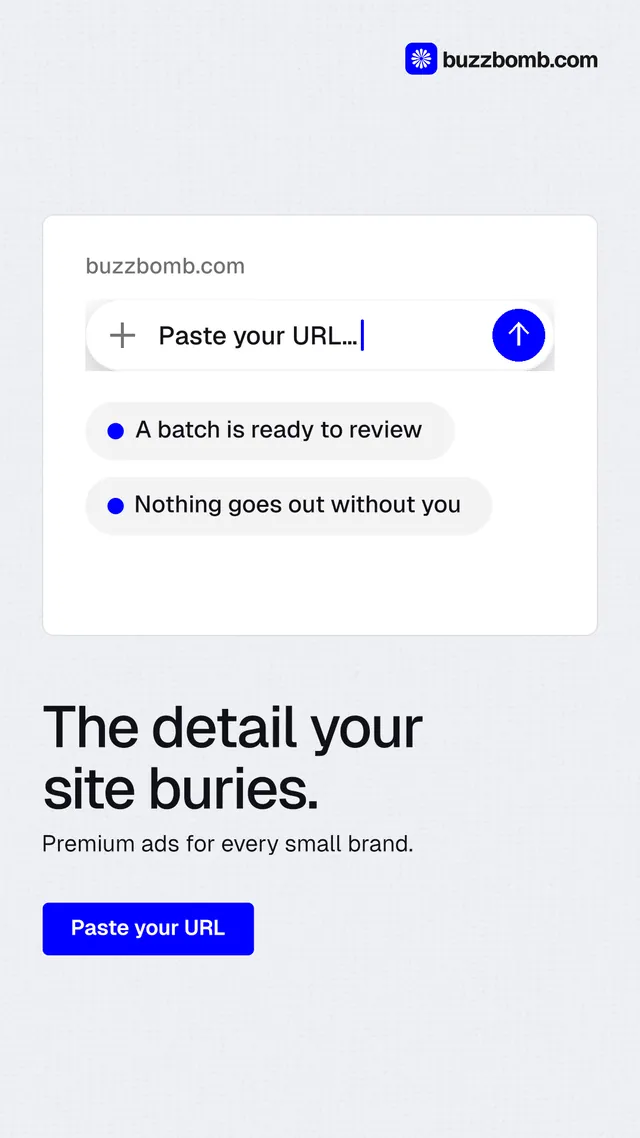 Instagram story for BuzzBomb: "The detail your site buries." Data card style, bottom layout, light palette in white, blue.