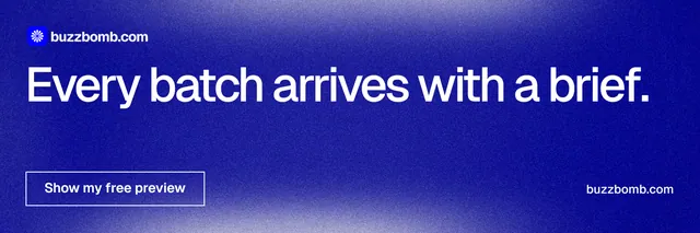 X header for BuzzBomb: "Every batch arrives with a brief." Cyanotype style, poster layout, dark palette in blue.