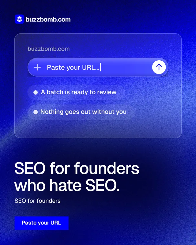 Instagram portrait post for BuzzBomb: "SEO for founders who hate SEO." Swiss style, bottom layout, dark palette in blue.