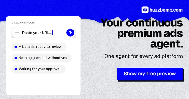 Social ad for BuzzBomb: "Your continuous premium ads agent." Paper trio style, right layout, light palette in white, blue, grey.