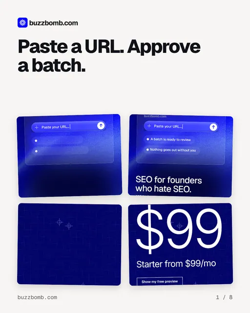 Carousel for BuzzBomb: "Paste a URL. Approve a batch.". Collection carousel, 8 slides, light palette.