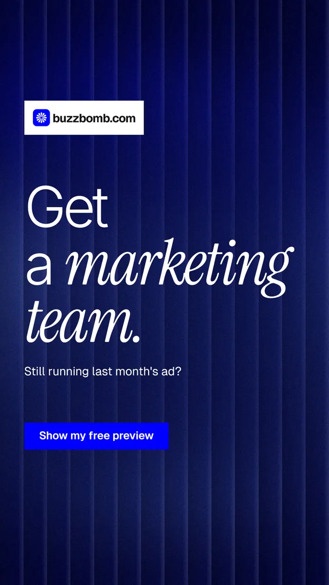 Instagram story for BuzzBomb: "Get a marketing team." Swiss style, announce layout, dark palette in blue.