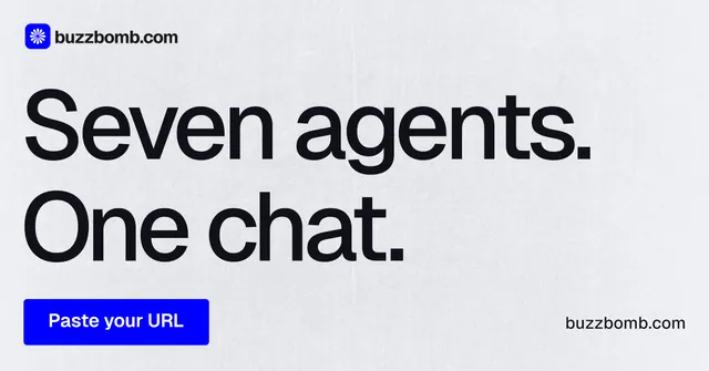 Social ad for BuzzBomb: "Seven agents. One chat." Data card style, poster layout, light palette in white, grey.