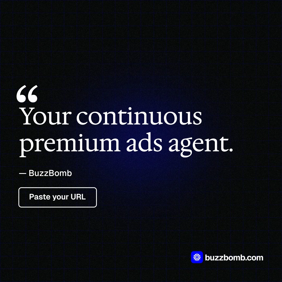 Instagram post for BuzzBomb: "Your continuous premium ads agent." Phosphor atlas style, quote layout, dark palette in black, grey.