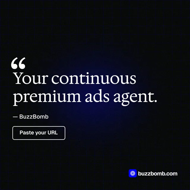 Instagram post for BuzzBomb: "Your continuous premium ads agent." Phosphor atlas style, quote layout, dark palette in black, grey.