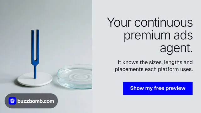 Landscape graphic for BuzzBomb: "Your continuous premium ads agent." Swiss style, right layout, light palette in white, grey, blue.
