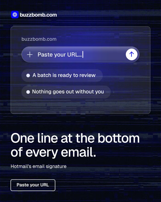 Instagram portrait post for BuzzBomb: "One line at the bottom of every email." Phosphor atlas style, bottom layout, dark palette in black, blue, grey.